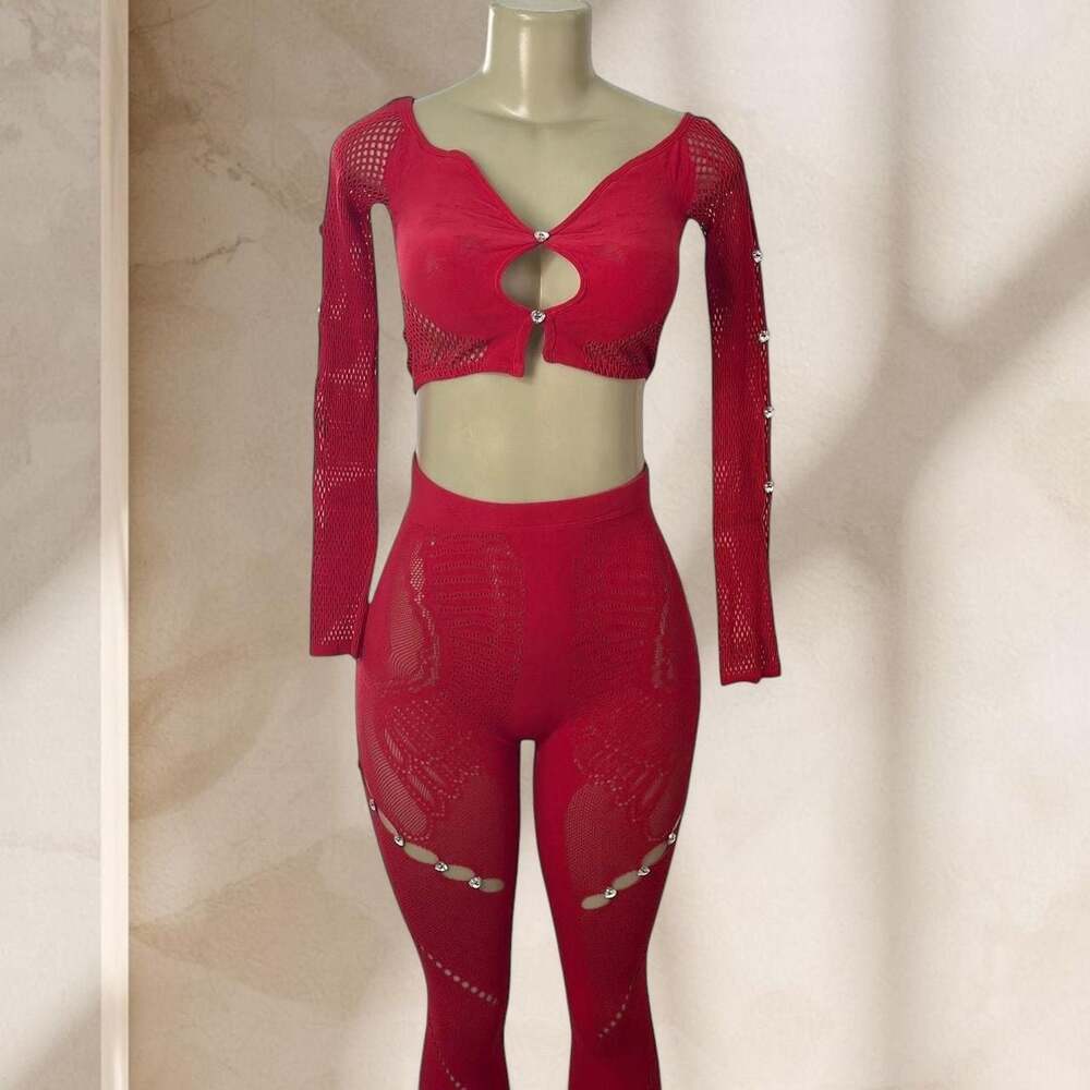 Red Two Piece Set – Long Sleeve Crop Top & High Waisted Leggings Sexy Y2K ✧ L